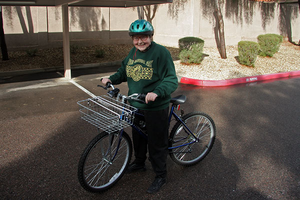 Oma Jutta Engelhardt getting ready to ride a bicycle for the first time in 30 years in Phoenix, Arizona