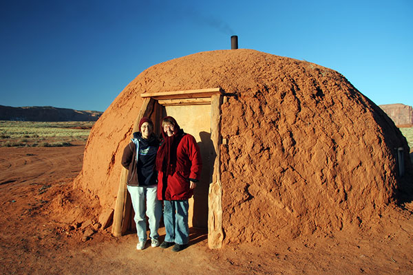 Caroline Wise and her mom Jutta Engelhardt in front of the hogan we stayed in at Monument Valley, Arizona